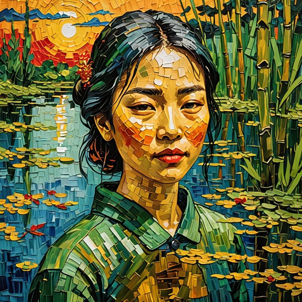 Serene Japanese Girl Reflected in Lake, Impasto Painting