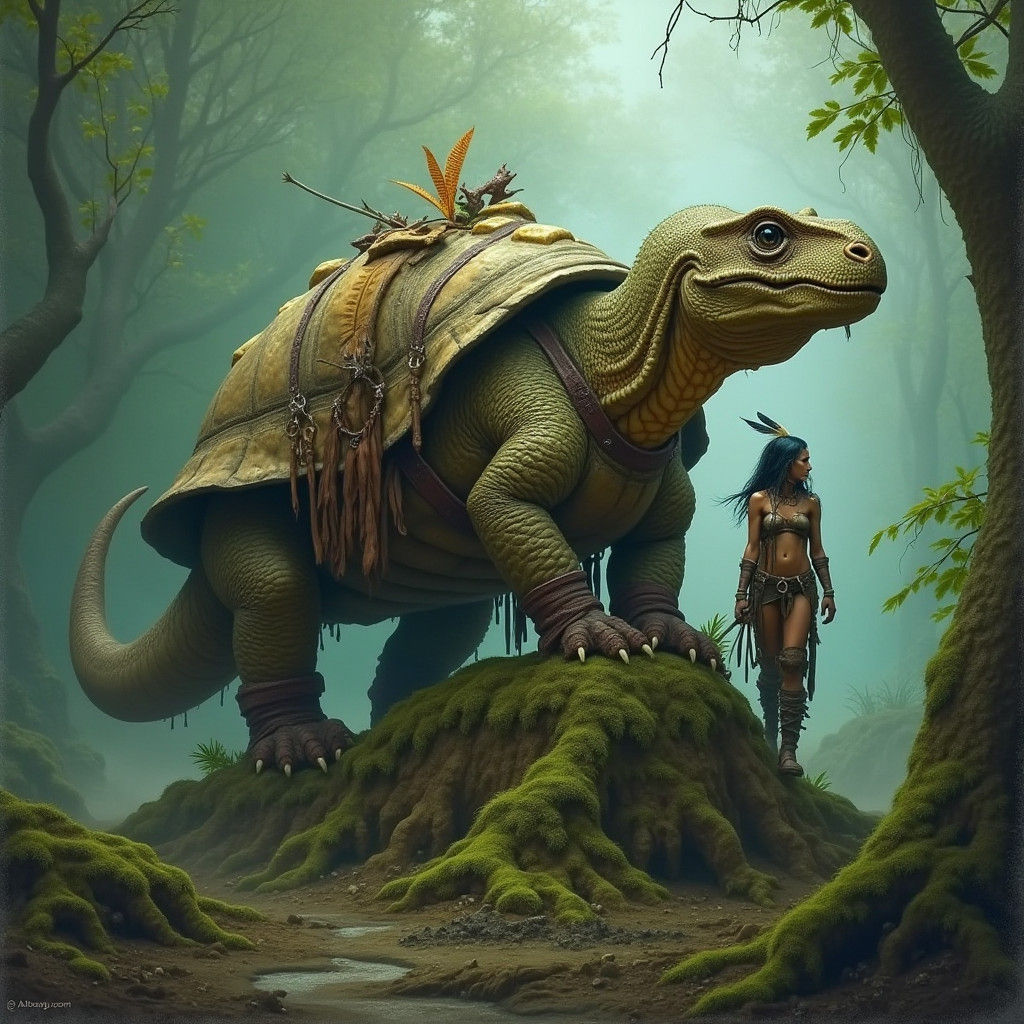Amazon Warrior Rides Armored Styracosaurus-Tortoise Hybrid