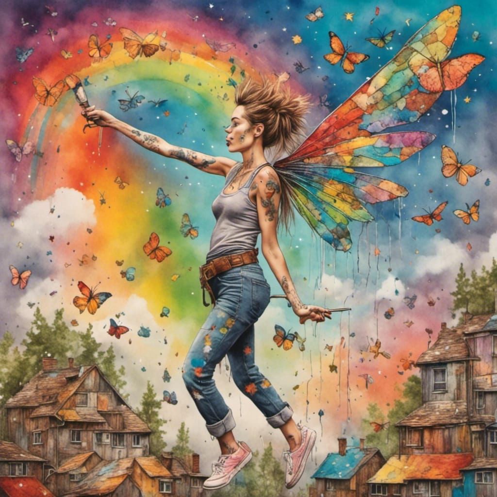 Woman with Dragonfly Wings Paints Rainbow in Pop-Surrealism