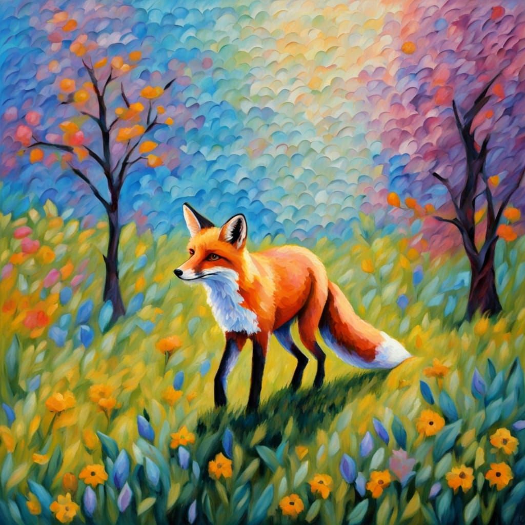 Fox Dancing in a Sun-Drenched Meadow, Impasto Acrylic Painti...