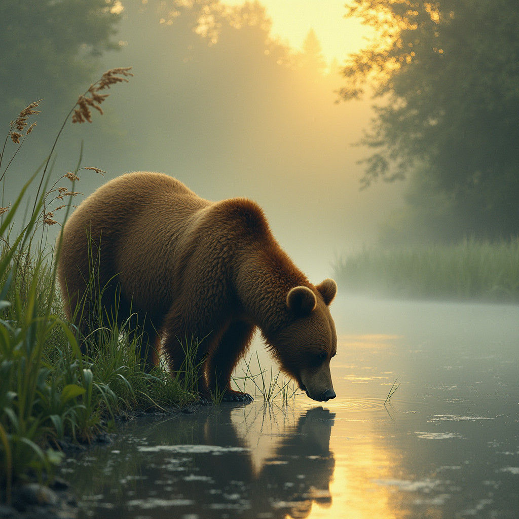 Brown Bear Drinks in Ethereal Dawn Light