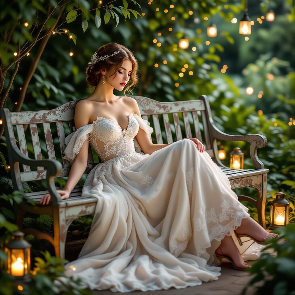 Young Woman in Glowing Night Garden
