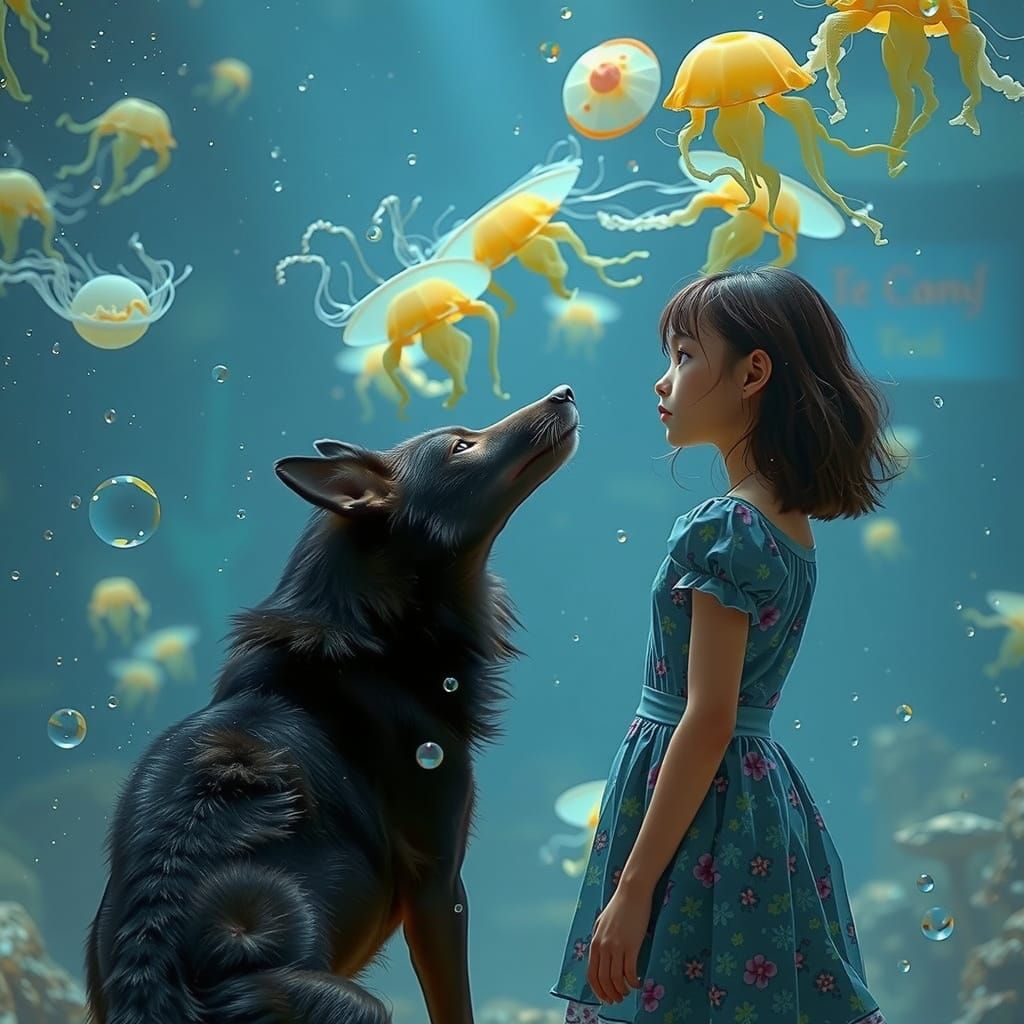 Girl and Wolf Observe Jellyfish in Aquarium