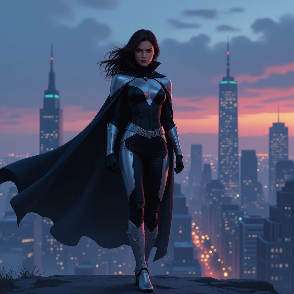 Heroic Woman in Cityscape, Digital Painting Style