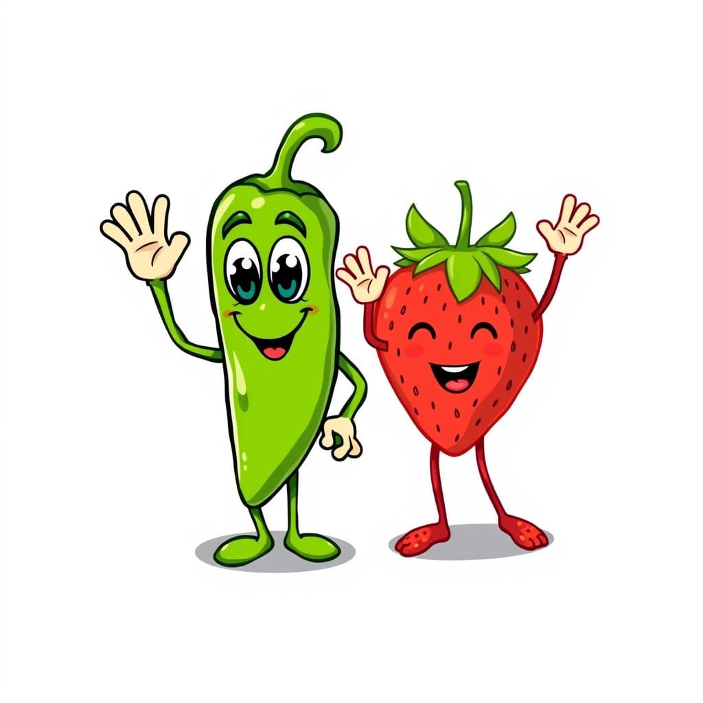 Jalapeno and Strawberry Characters Waving Hello