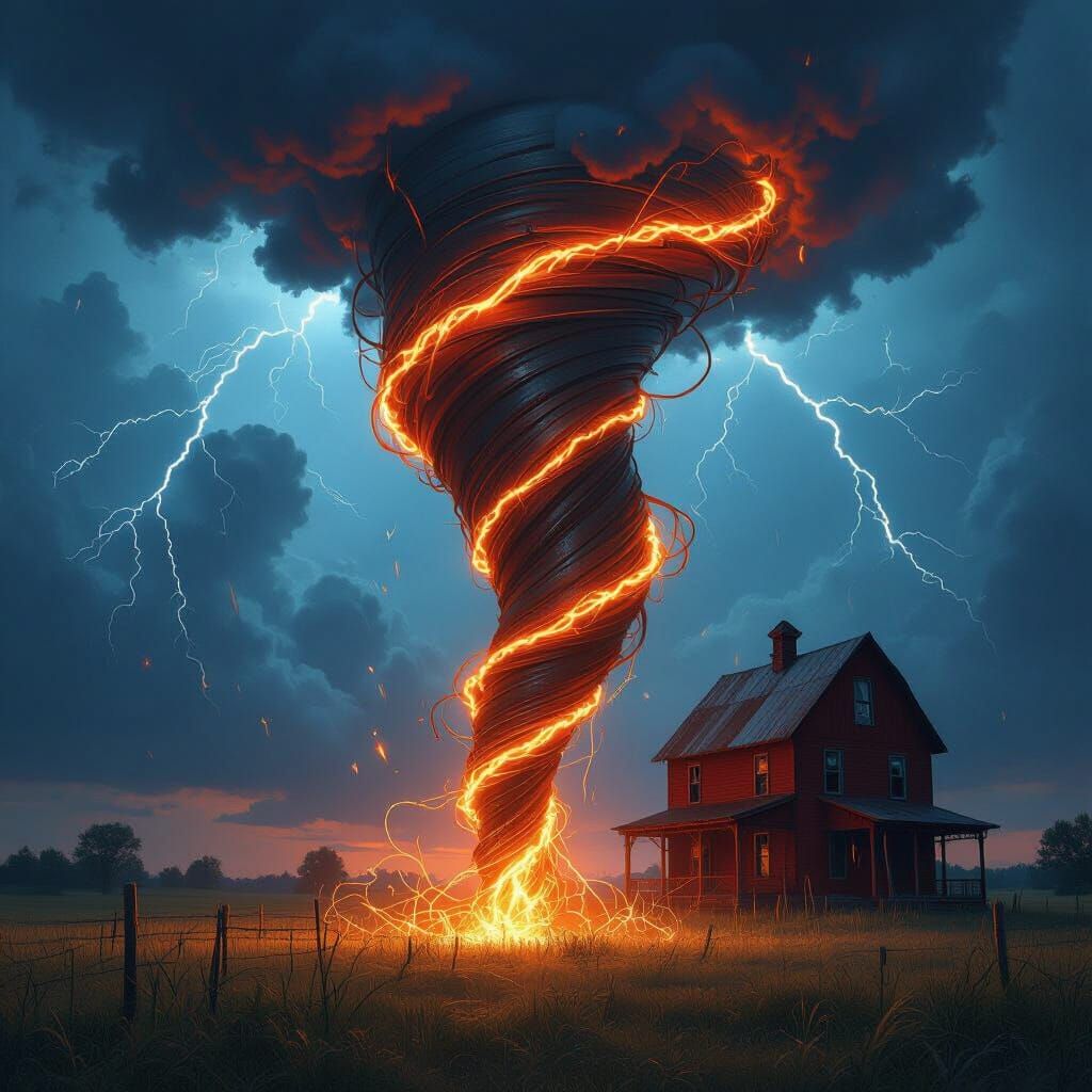 Copper Wire Tornado Over Farmhouse in Dramatic Style