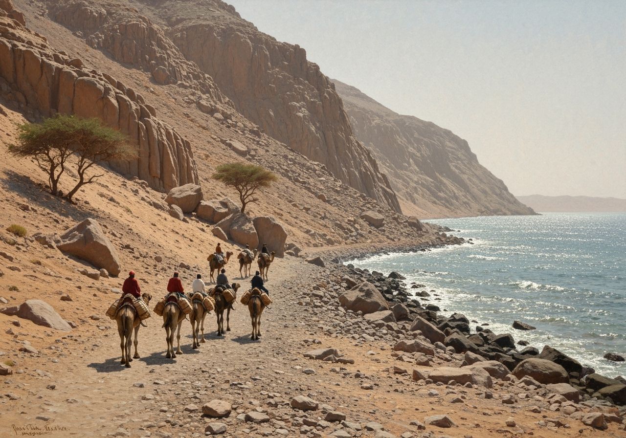 Camels Traverse Rocky Red Sea Path in Impressionist Style