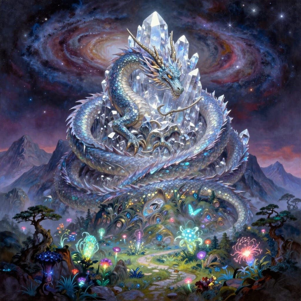 Ancient Dragon Coiled on Crystal Mountain Peak