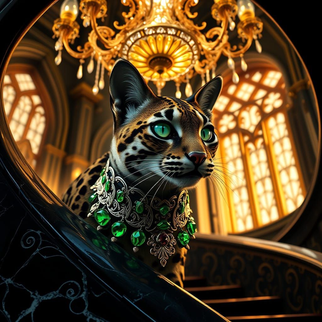 Surreal Ocelot Ascends Marble Staircase in Medieval Castle