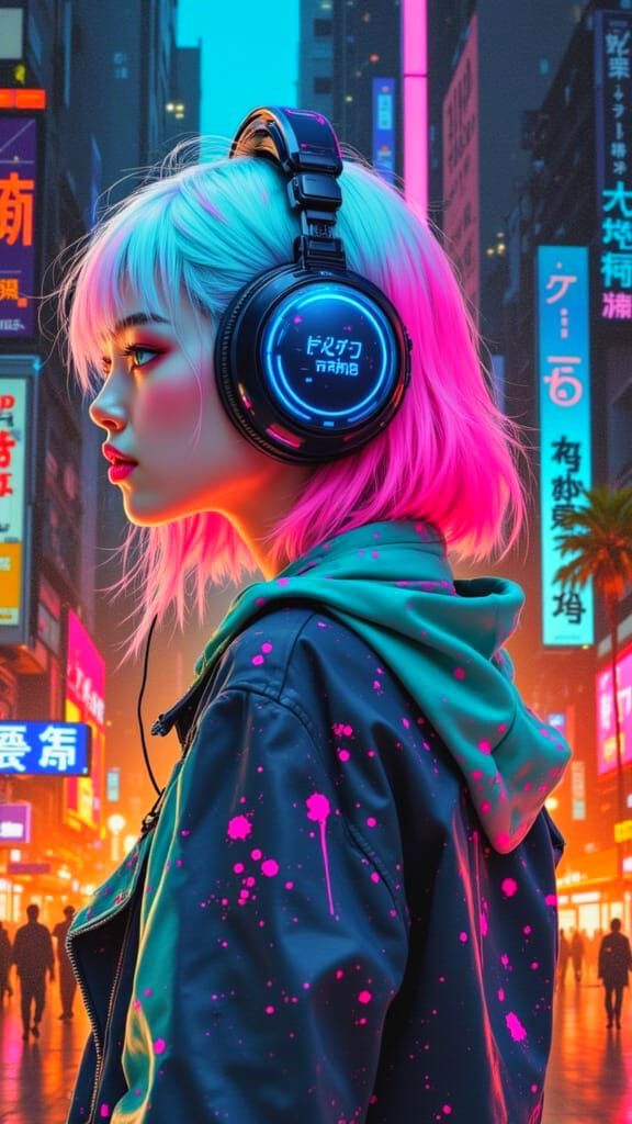 Cyberpunk Cityscape with Vibrant Hair, Stylized Profile View