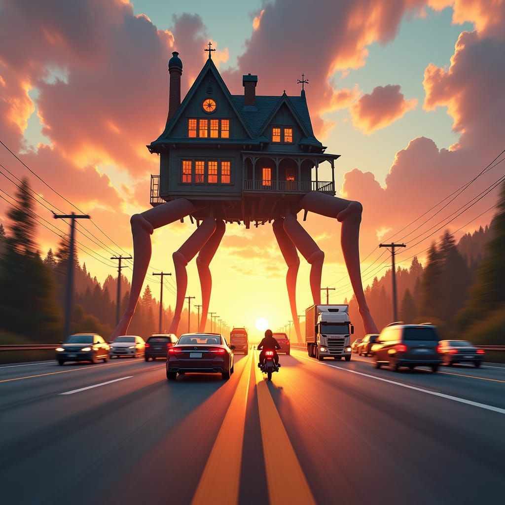 House on Legs Sprints Down Highway at Sunset