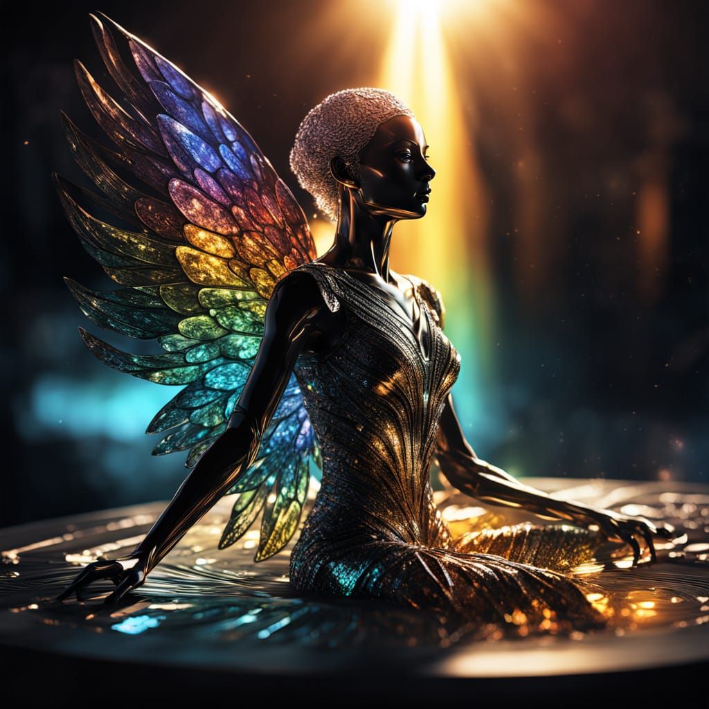 Crystal Winged Woman in Dali-Inspired Digital Art