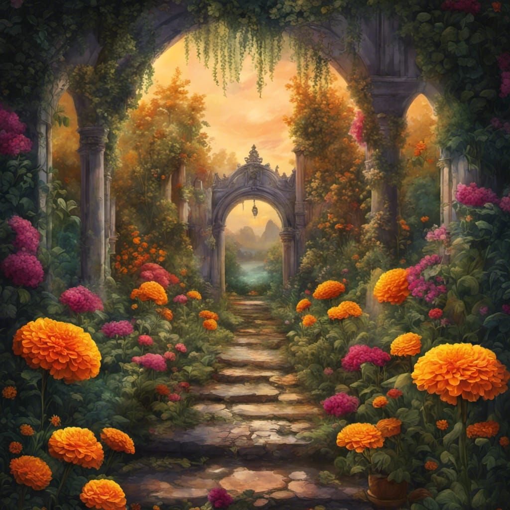 Craft an enchanting digital painting of a lush garden where ...