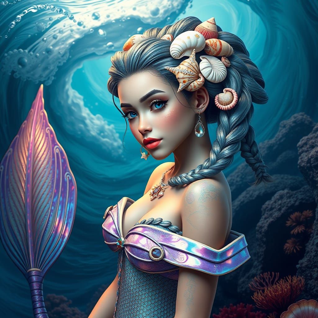 Young Mermaid in Iridescent, Holographic Outfit, Swirling Oc...