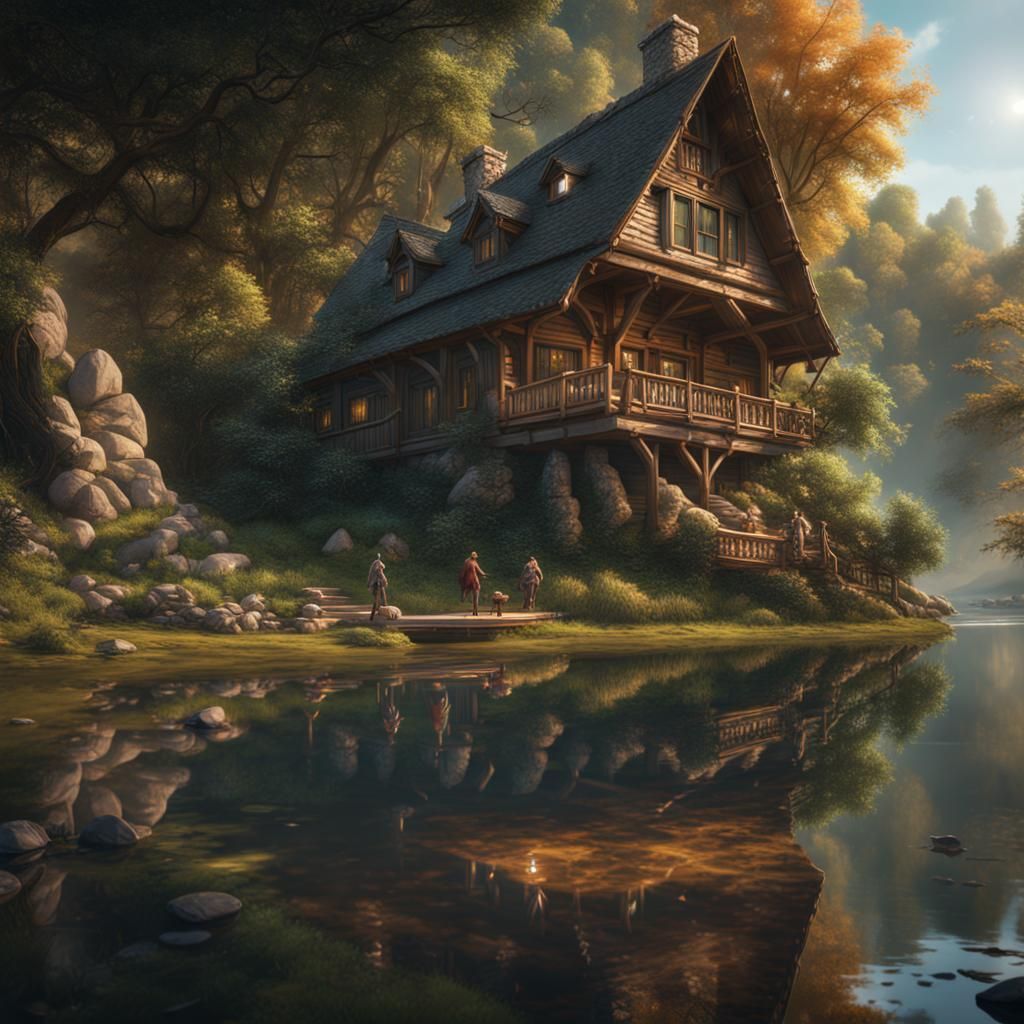 Peaceful Riverside Lodge Fishing in Detailed Matte Painting