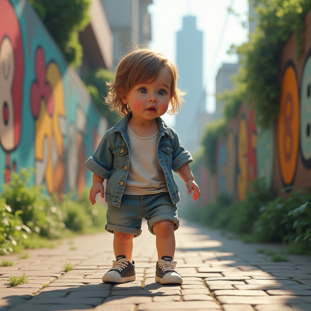 Fashionable Baby in Urban Fantasy Landscape