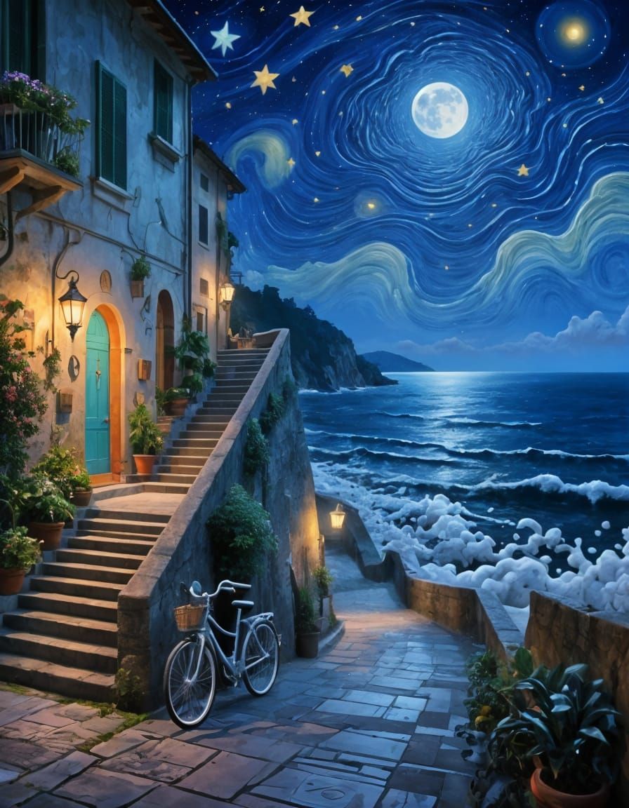 Nighttime Italian Pedestrian Way with Sea View