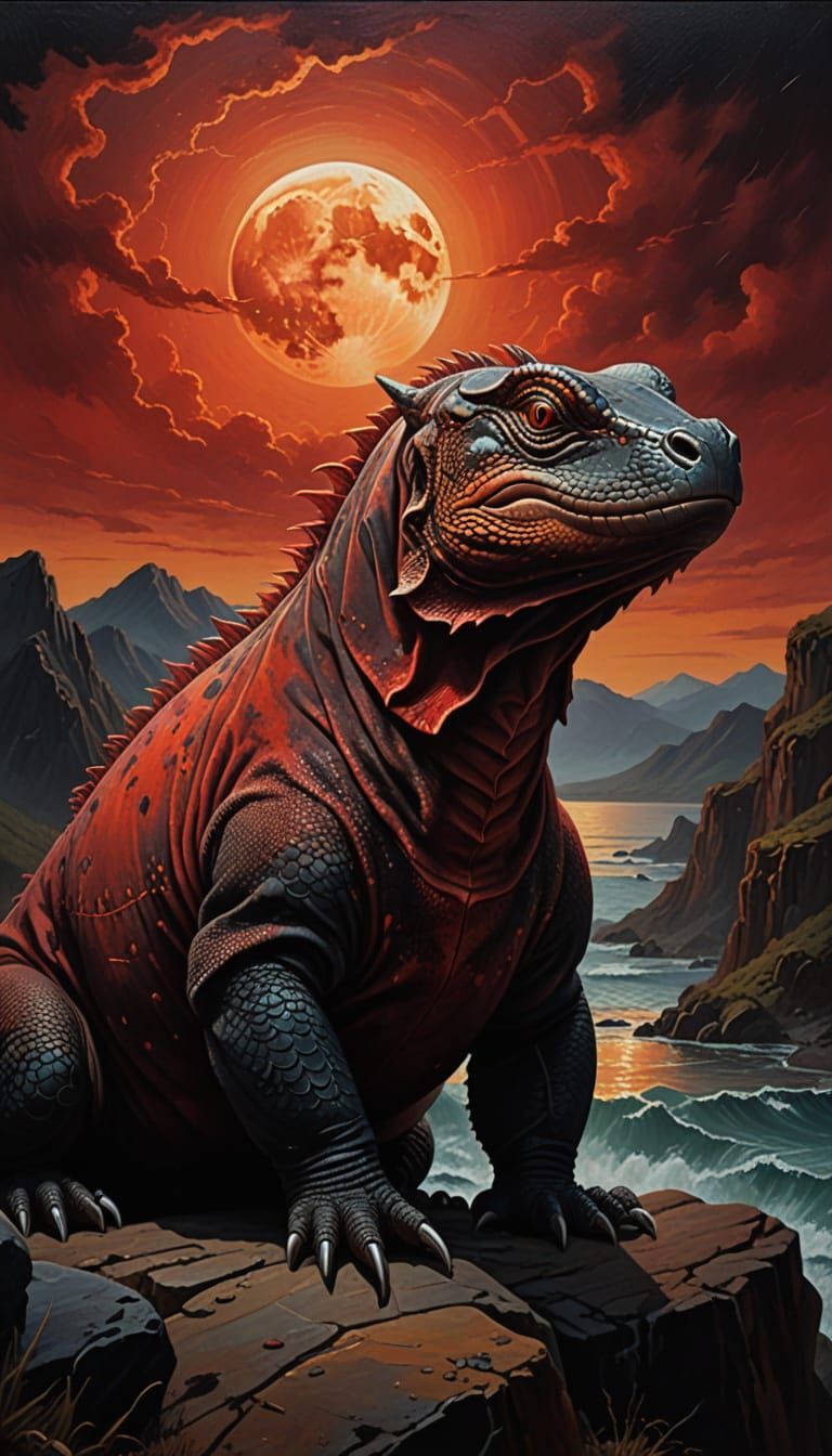 Fantasy Realism Dragon Hybrid in Crimson Landscape