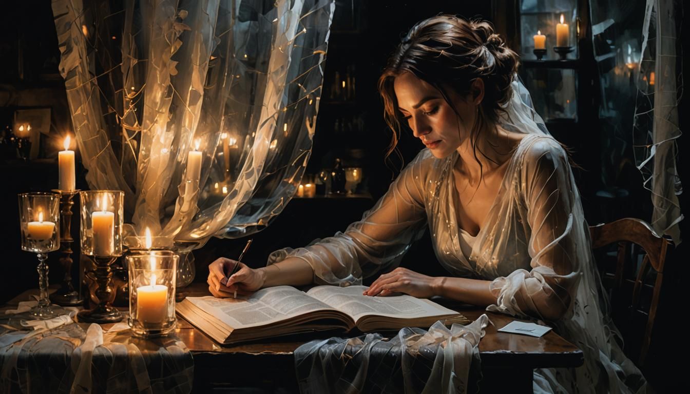 Woman Reading in Candlelight: Surreal Alcohol Ink Art