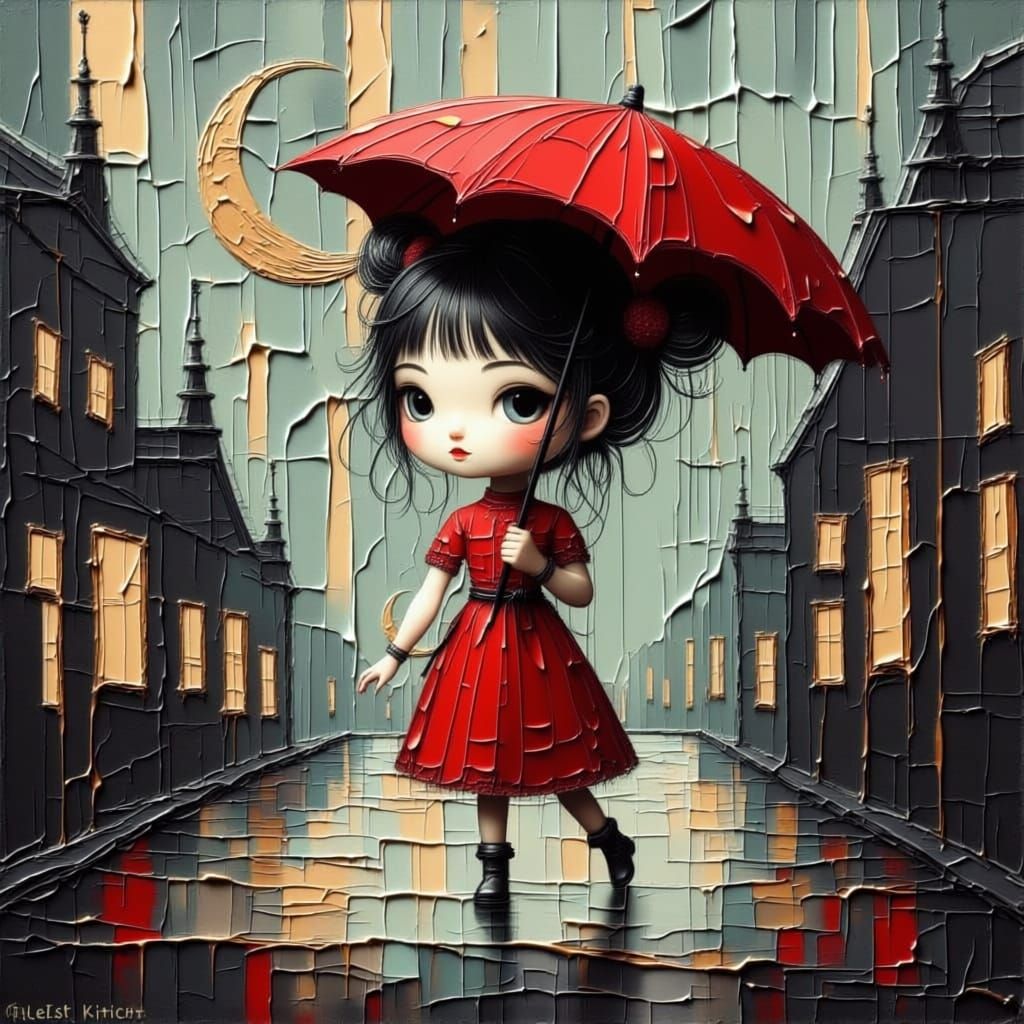 Whimsical Girl with Red Outfit and Polka Dot Umbrella