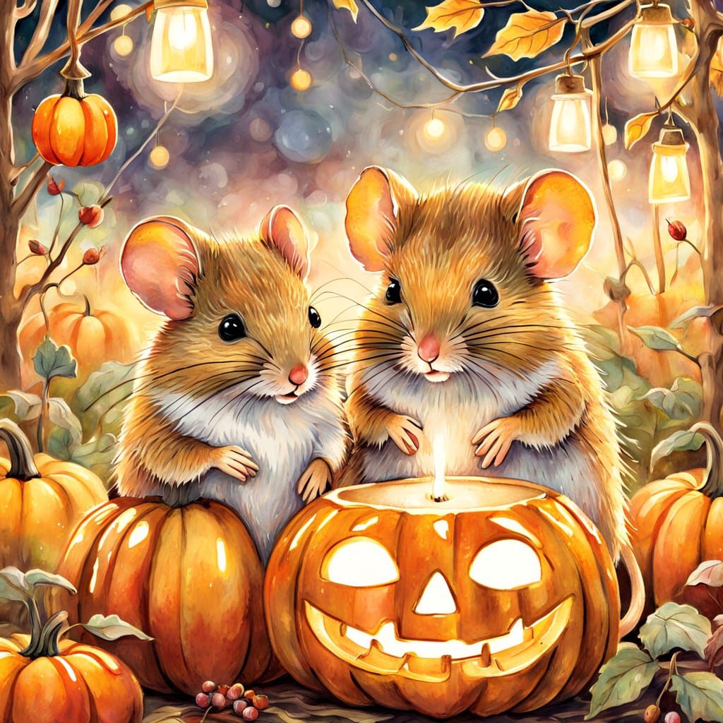 Harvest Mouse Couple Share Spiced Nectar, Watercolor Style