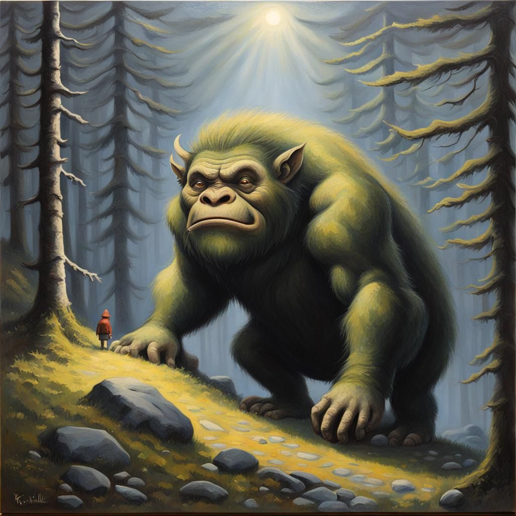 Troll in Norwegian Forest: Fairy Tale Oil Painting