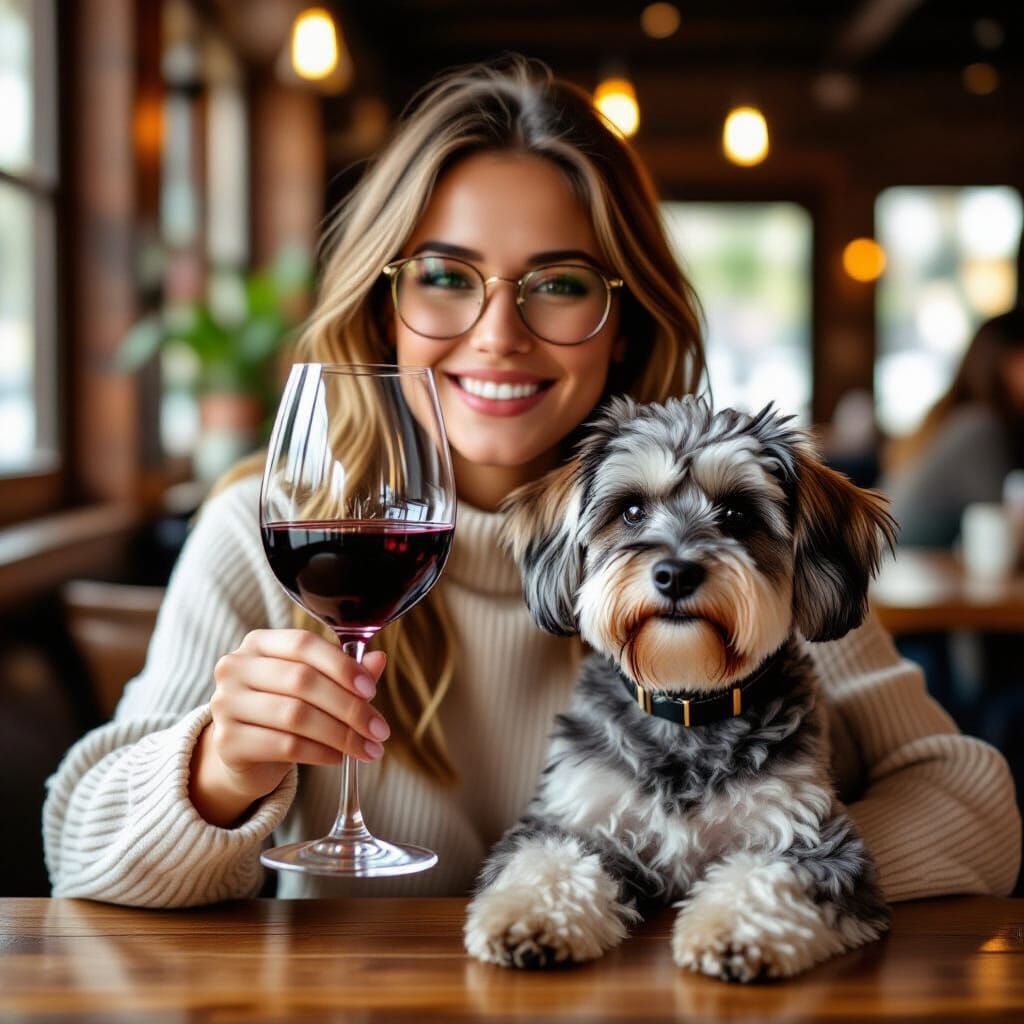 Woman With Schnauzer and Wine at Table, 11:15