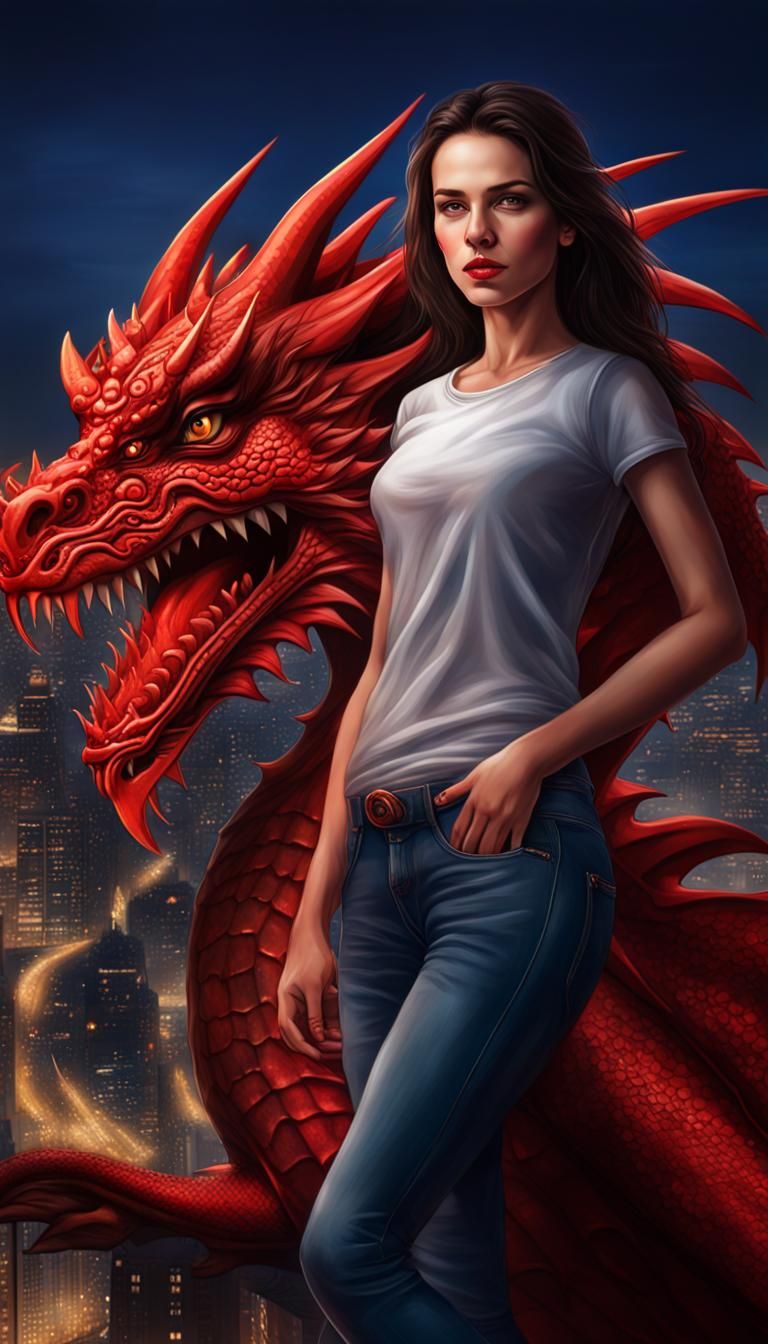 Protective Red Dragon and Woman in City Night