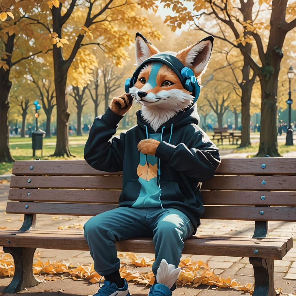 Fox in Hoodie: Whimsical Digital Park Scene