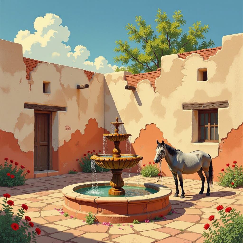 Forgotten Mission Courtyard with Stone Fountain