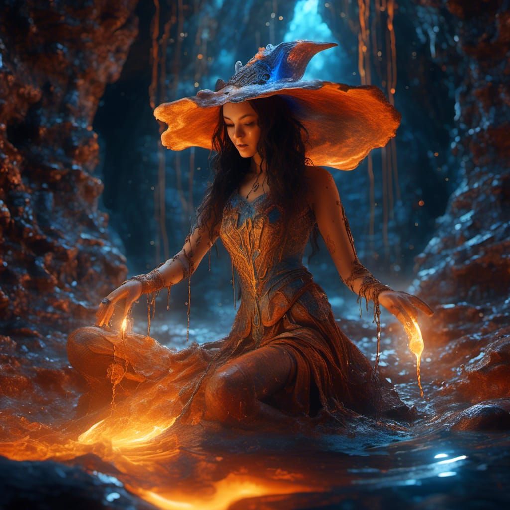 Sorceress Releases Electrical Energy in Cavern