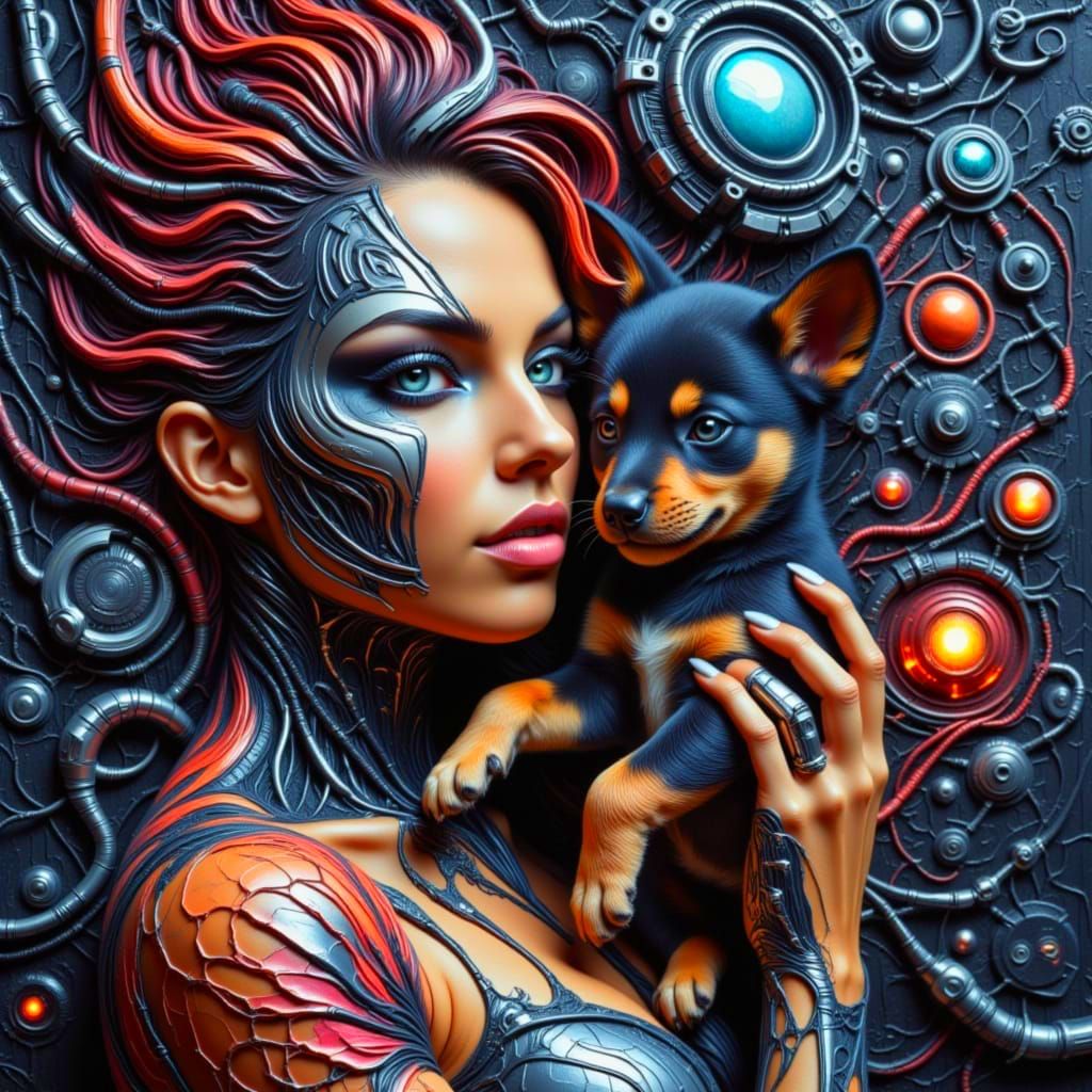Cybernetic Droid Tenderly Holds Injured Puppy