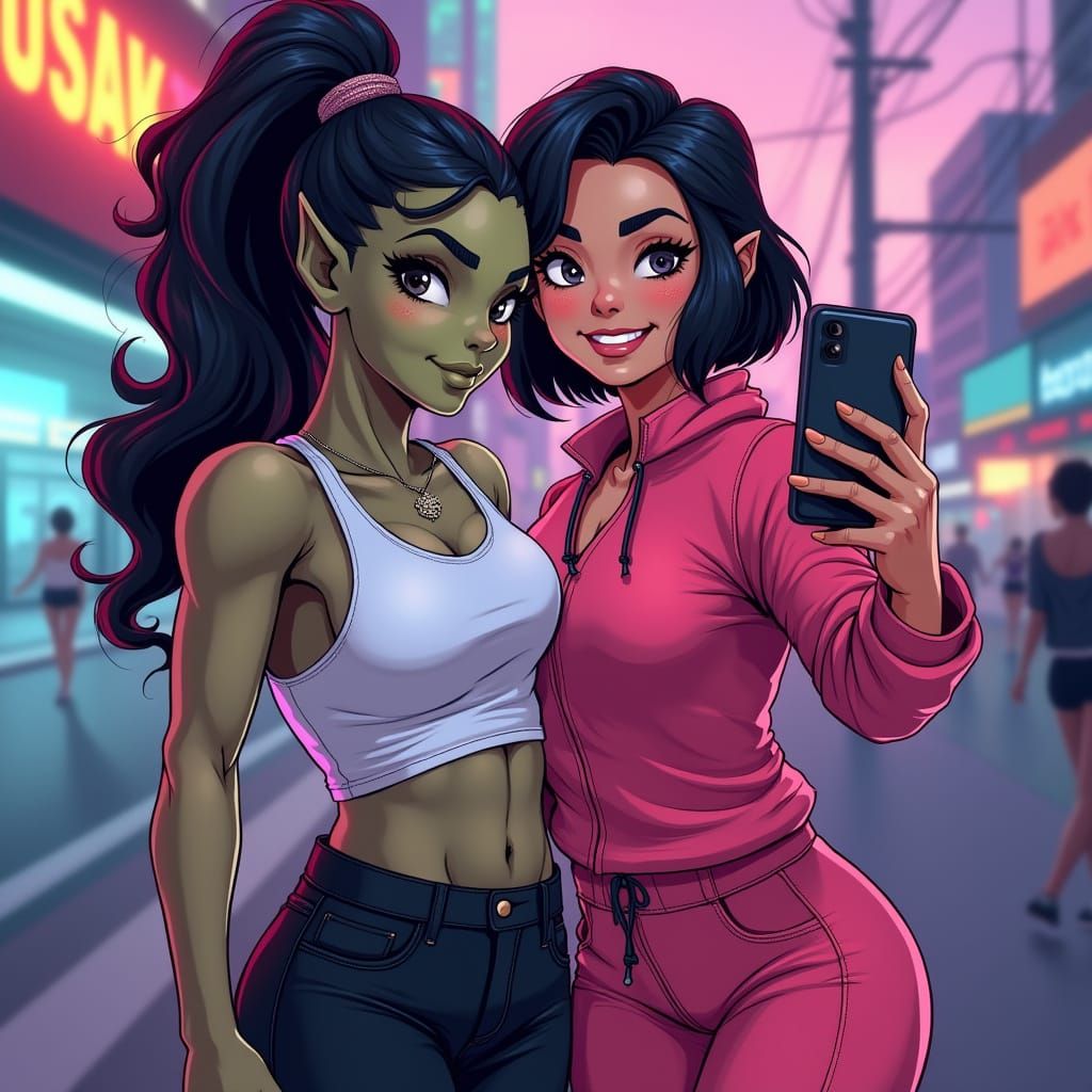 Futuristic Friends Share Joyful Selfie in Graphic Novel Styl...