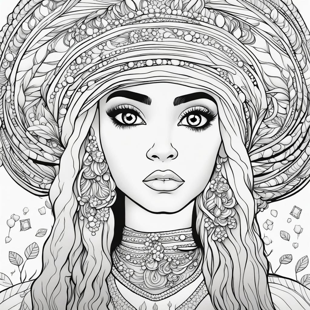 Melanin Woman Coloring Page Outline in Black and White