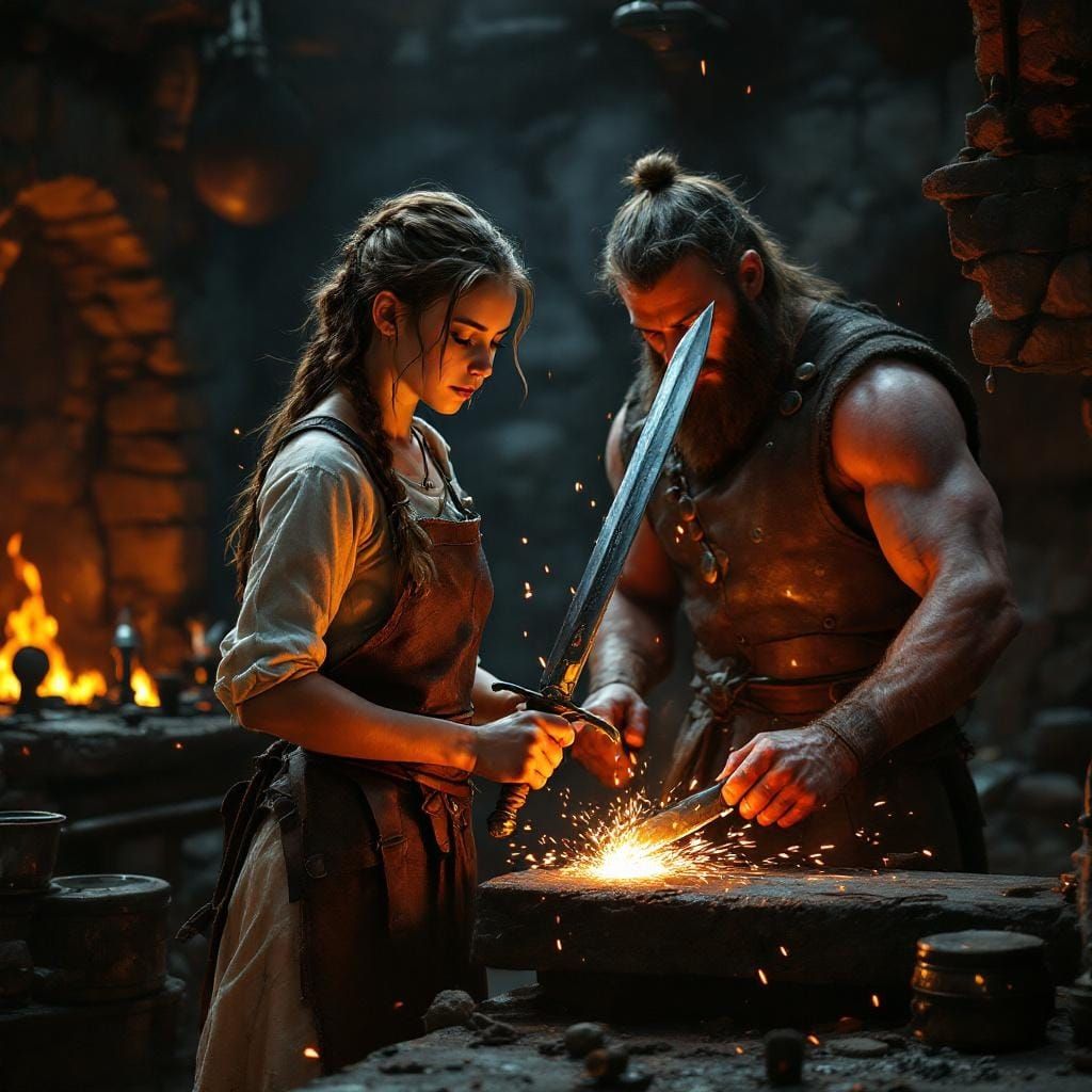 Viking Apprentice in Blacksmith Forge, Hyper-Realistic