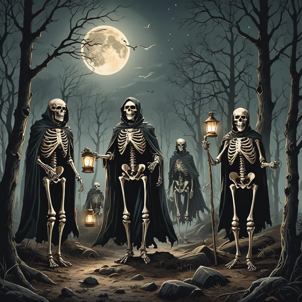 Skeletons with Lanterns in Moonlit Forest