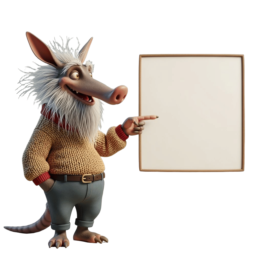 Anthropomorphic Aardvark Points to Blank Board