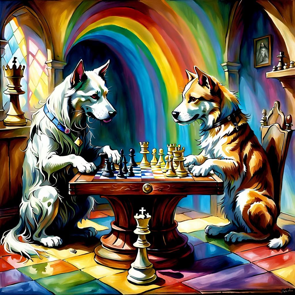Dog Plays Chess with Cat in Rainbow Room