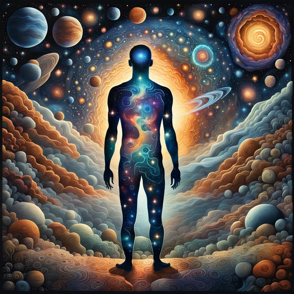 Cosmic Rebirth: Human Body in Surreal Space