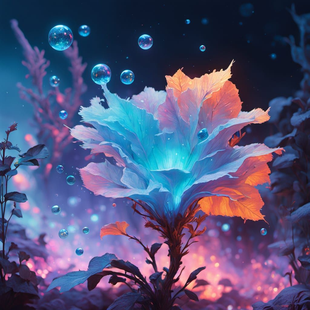 Intricate unique and beautiful bioluminescent magical Plant that shoots bubbles and rainbows, surrounded with glowing pa...
