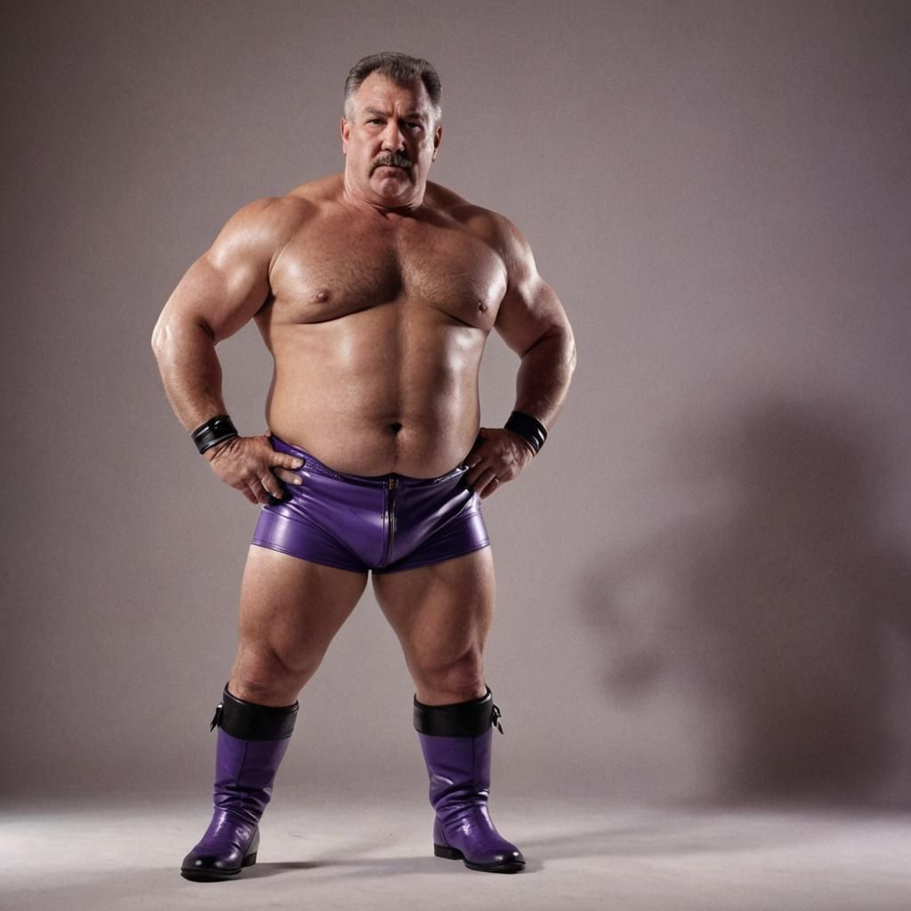 Defiant Wrestler in Purple Leather: Cinematic Film Still
