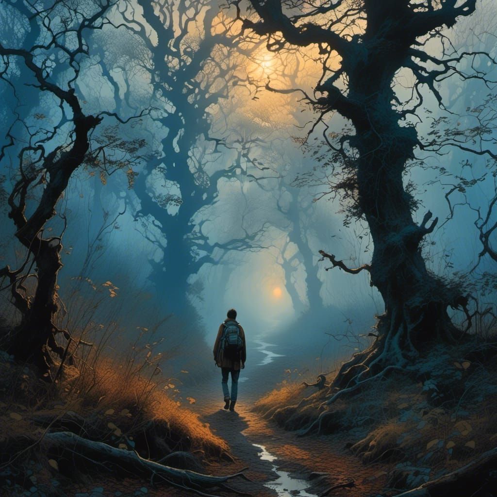 Twilight Forest Traveler in Romantic Landscape Style
