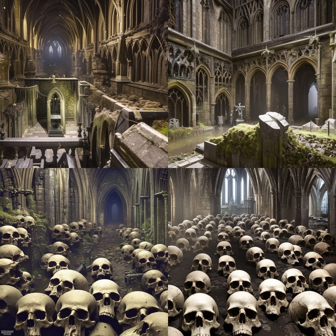 Gothic Cathedral Crypt of Skulls in Dark Fantasy Art