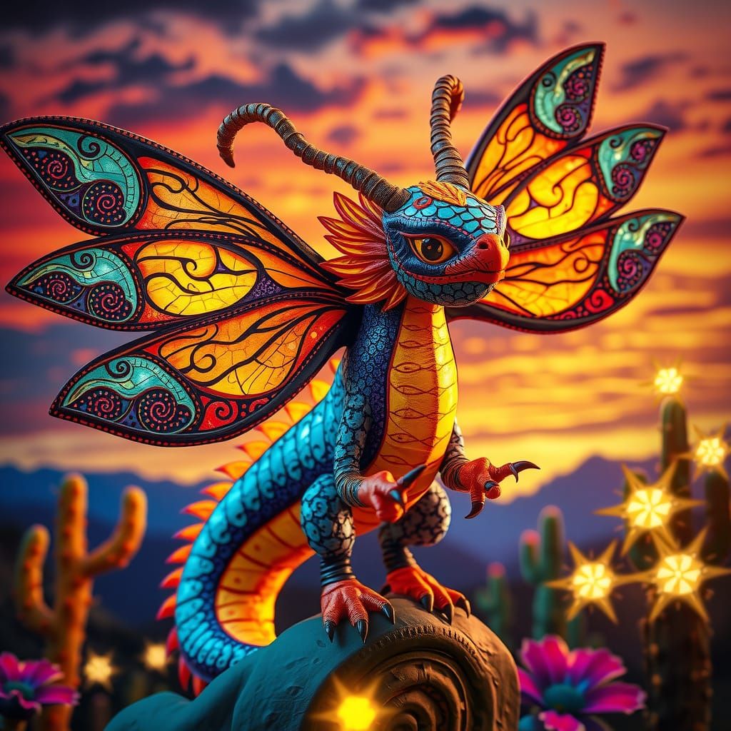 Alebrijes Dragon-Butterfly in Psychedelic Mexican Landscape