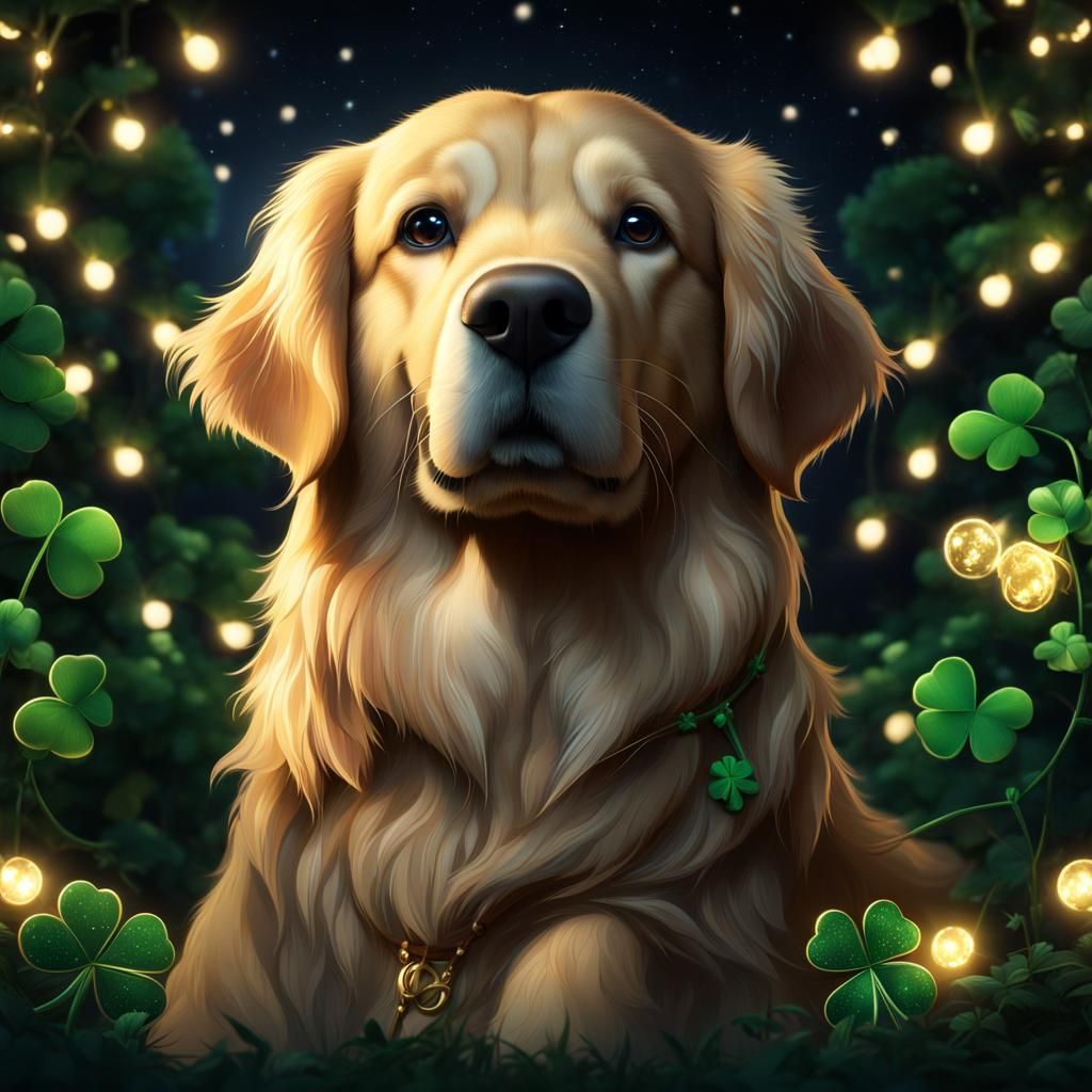Golden retriever with four-leaf clover