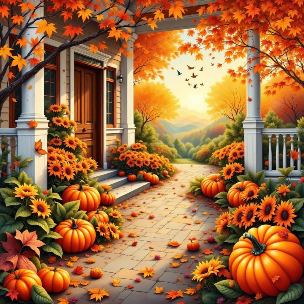 Cozy Autumn Porch with Pumpkins and Sunflowers