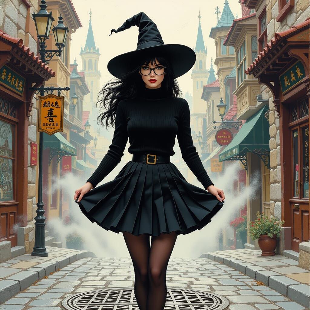 Fantasy Witch Caught in a Windy City Gust