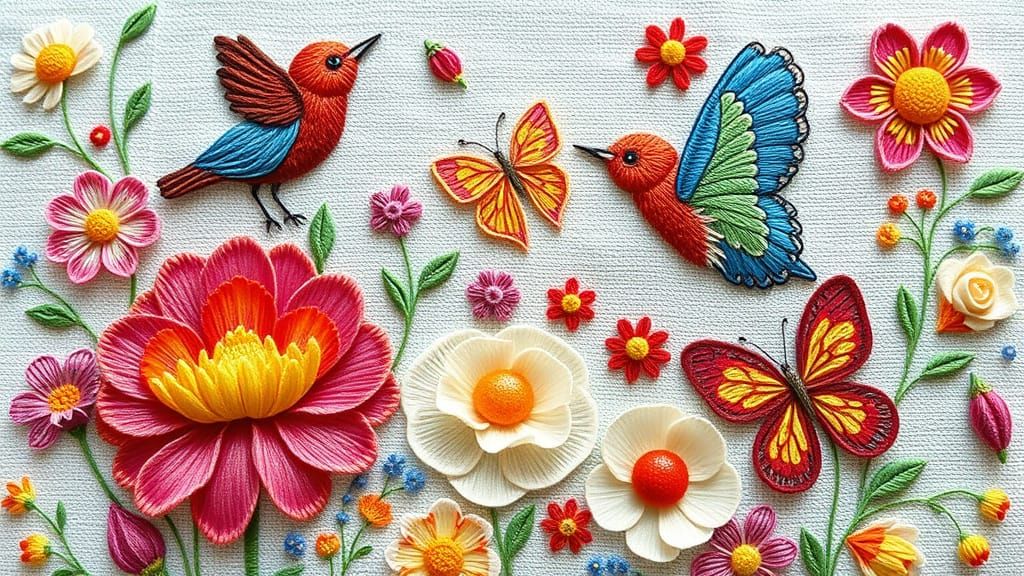 Whimsical Floral Embroidery Art with Birds and Butterflies