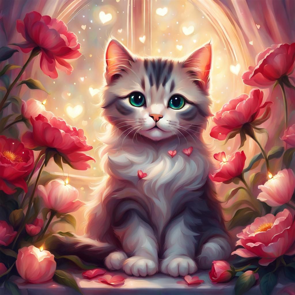 Cute Cat Surrounded by Flowers, Digital Art