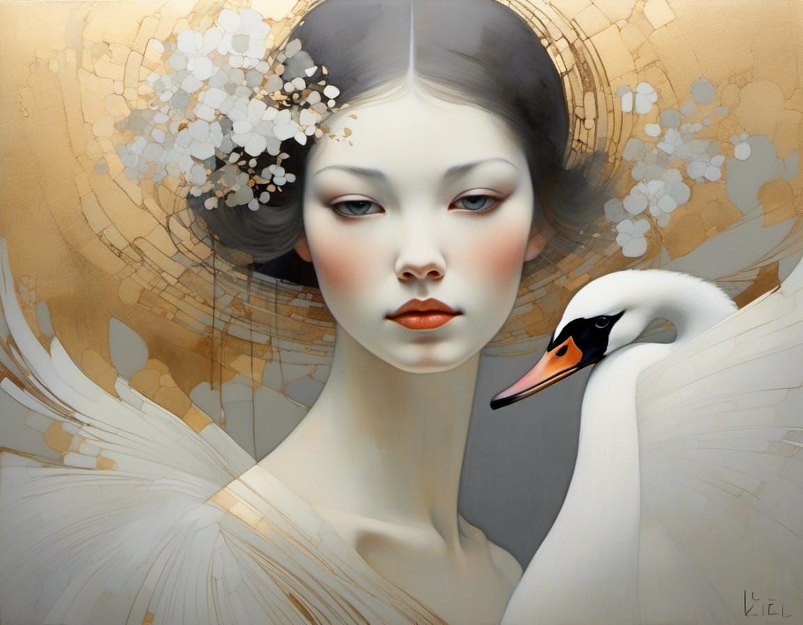 Luminous Woman with Swan in Chiaroscuro Style